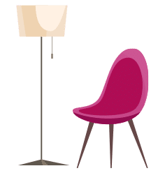 כיסא אדום ולידו מנורת עמוד גבוהה